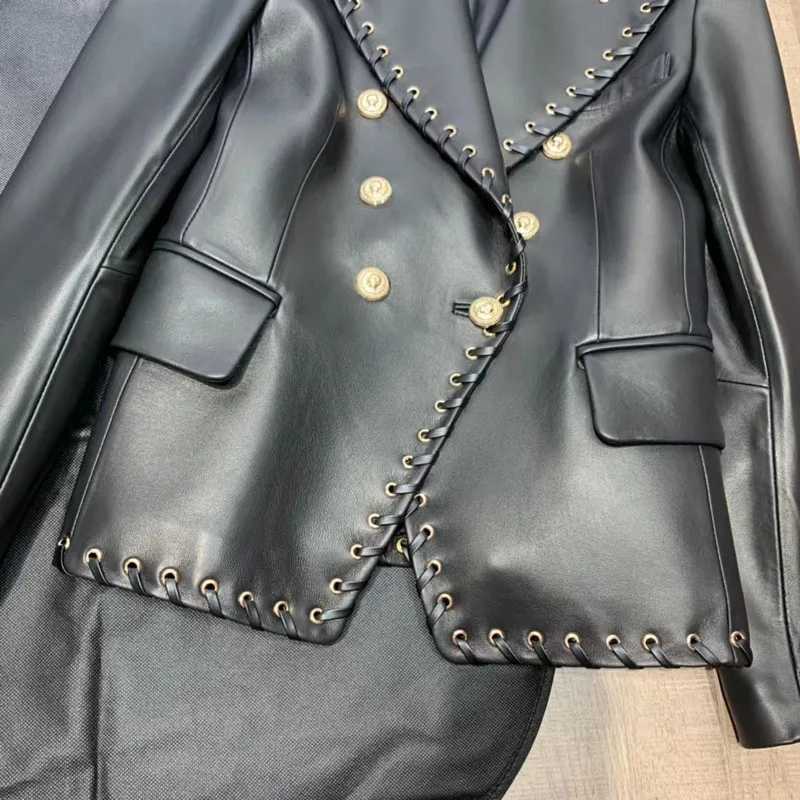 Women Coat Spring And Autumn 2023 New Fashion Genuine Leather jacket Turn-Down Collar Double Breasted Pleated Edges