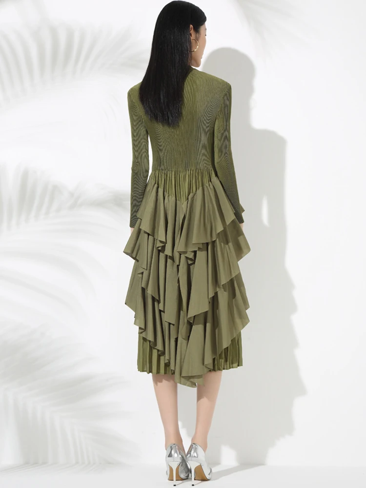 Moda sólida em camadas vestidos irregulares primavera feminino o pescoço manga comprida vestido plissado outono cintura alta magro na altura do joelho vestido