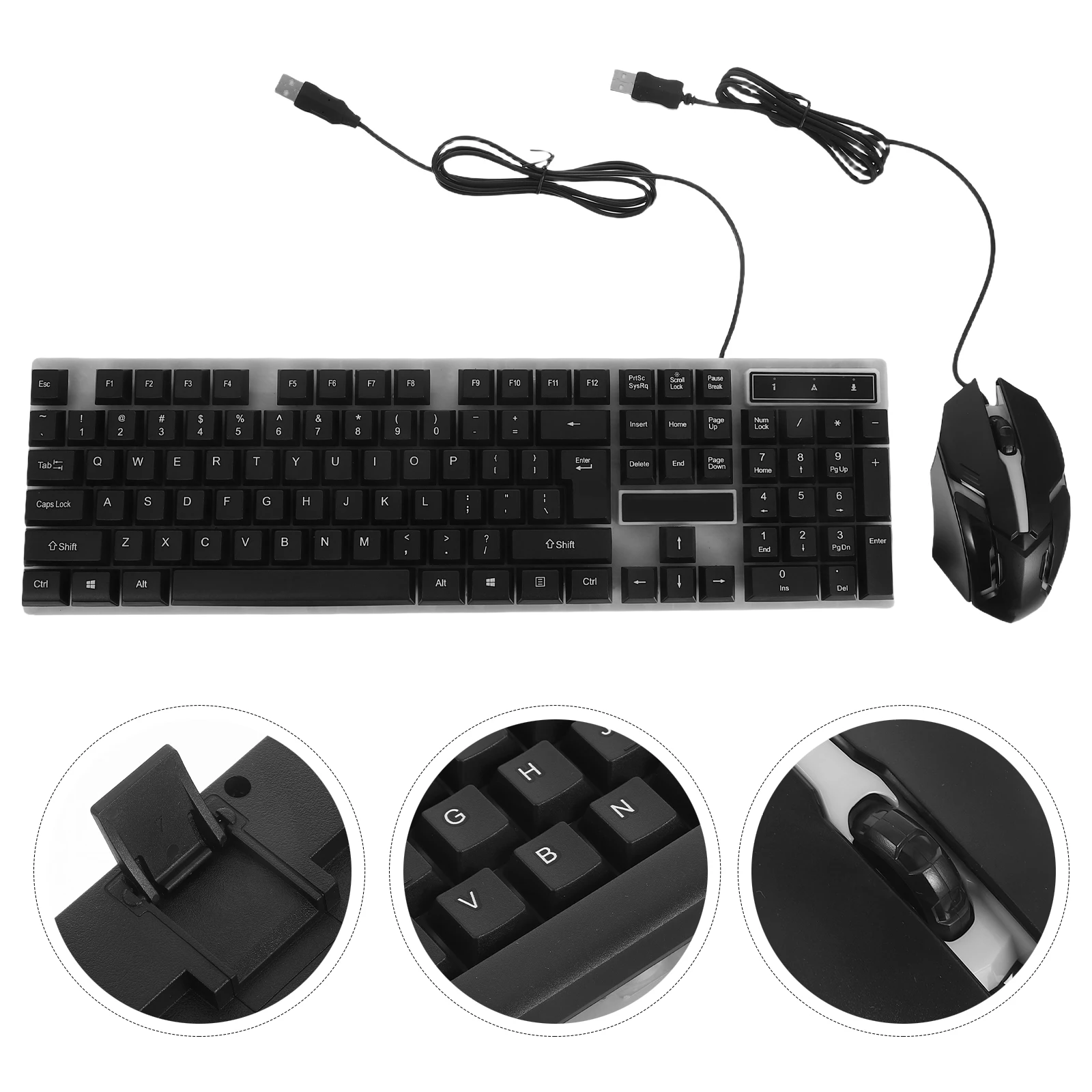 

Проводная клавиатура и мышь, черный игровой компьютер, USB-аксессуары для ПК, красочная светодиодная подсветка, эргономичный дизайн, сливные отверстия