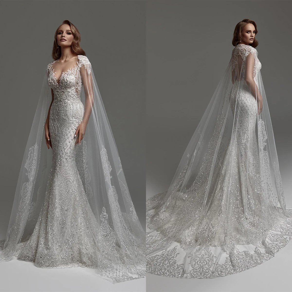 

Luxury Mermaid Women Wedding Dress O-Neck Appliques Bridal Gown With Cloak Slim Fit Sleeves Organza Dresses