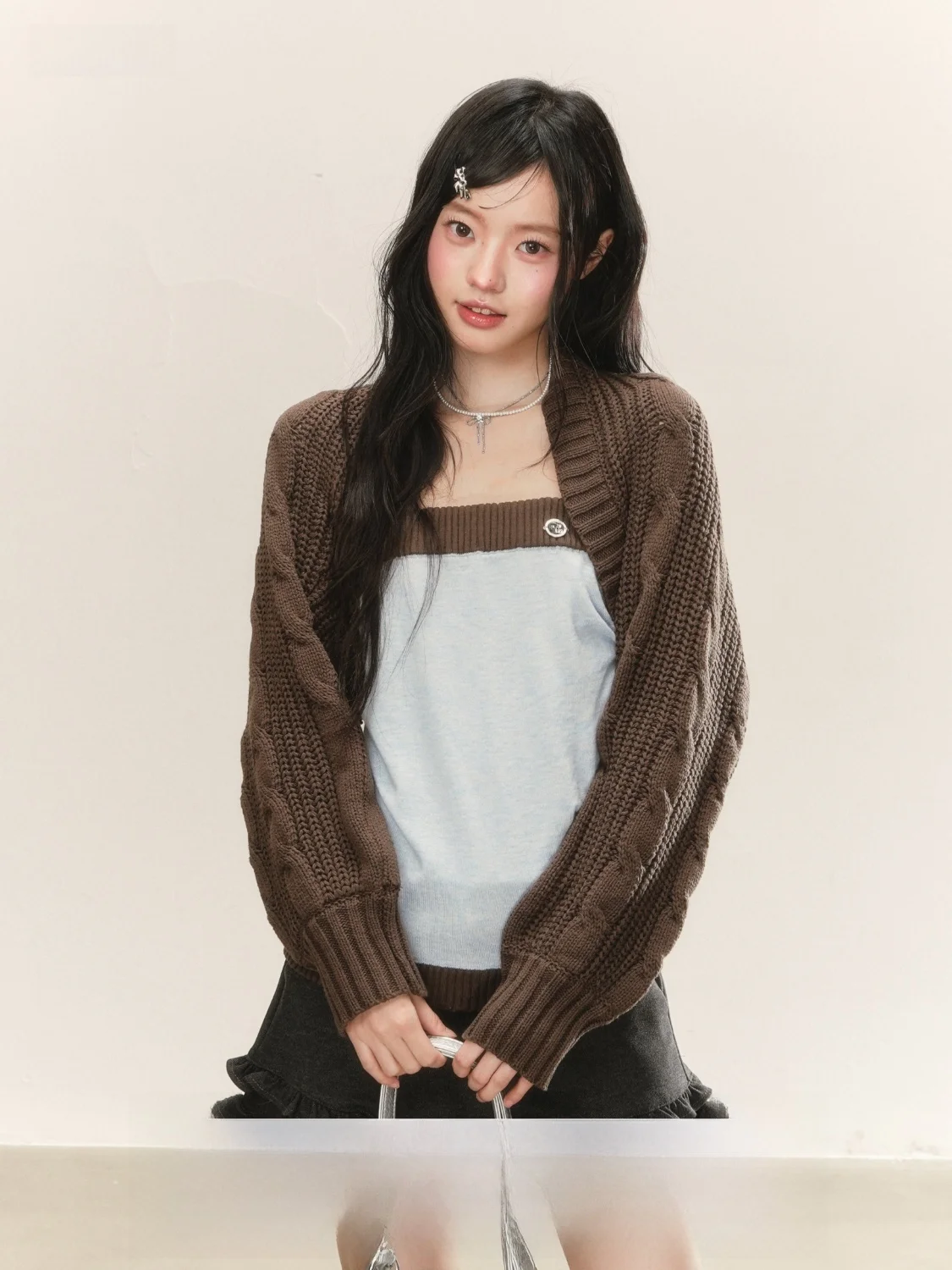 

Peasluna Sweet Color Block Knitted Open Cardigan Two Piece Set Women's Spring Top Ensemble Soft Loose Fit Long Sleeve