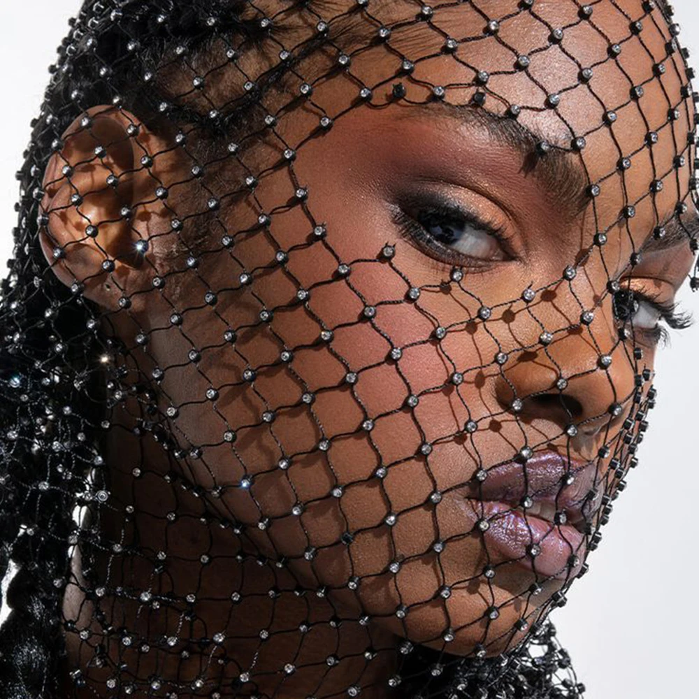 Shiny Balaclava Elastic Rhinestone Headcover Fishnet Mesh Headhood Holiday Party Head Mask Bar Nightclub Diamond Headwrap Hood
