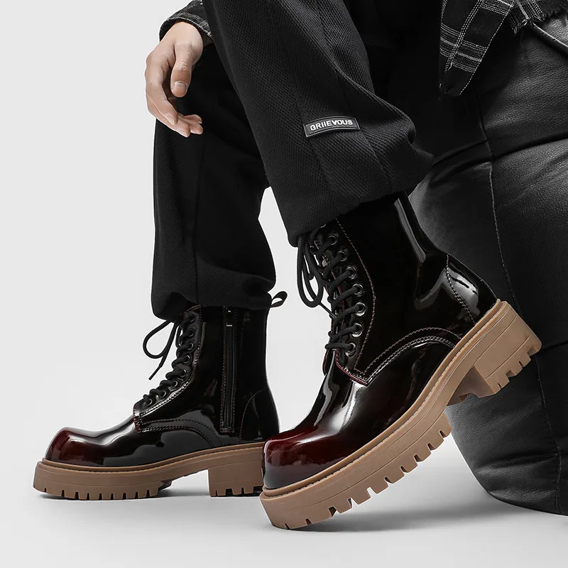 mens fashion stage nightclub high motorcycle boots patent leather shoes cowboy platform boot spring autumn long botas masculinas