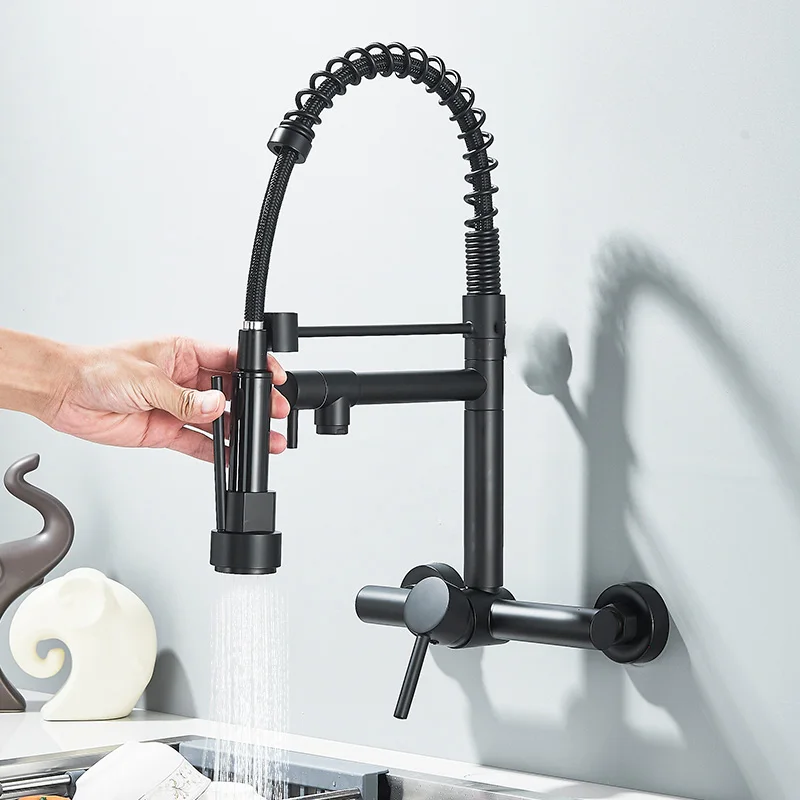 Wall mounted black/cherry single handle hot and cold water kitchen faucet with double rotating mouth and spring pull-down faucet