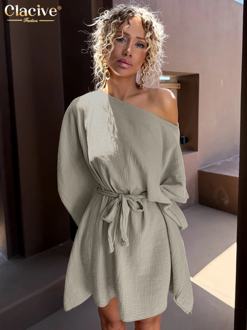 

Clacive Casual Loose Gray Cotton Women's Dress 2025 Fashion O-Neck Long Sleeve Mini Dresses Elegant Classic Lace-Up Female Dress