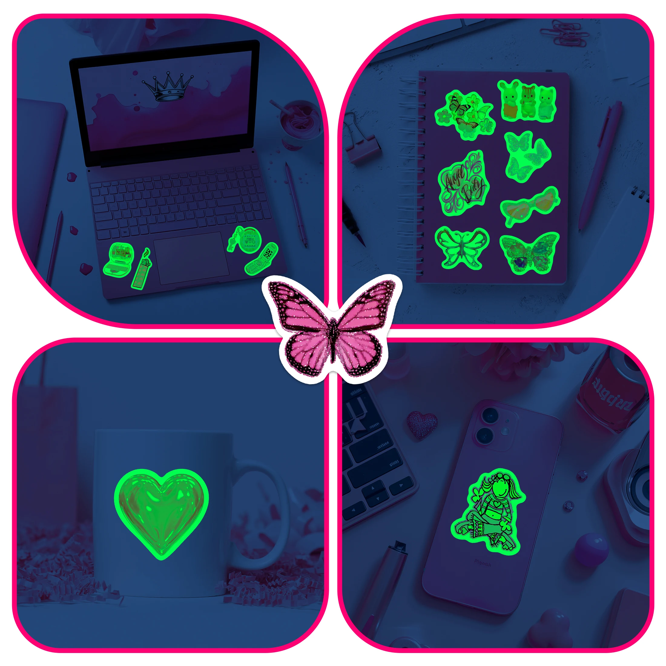 50 pçs rosa moda padrão brilho no escuro adesivos auto-adesivos à prova dwaterproof água decalques de vinil livros de computador garrafas decoração do miúdo