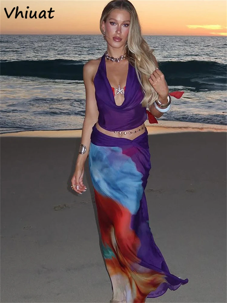 

Vhiuat Mesh Print Two Piece Skirt Set Beach Party Outfits Women Sleeveless Tops And Long Skirt Summer New In Matching Set 2025