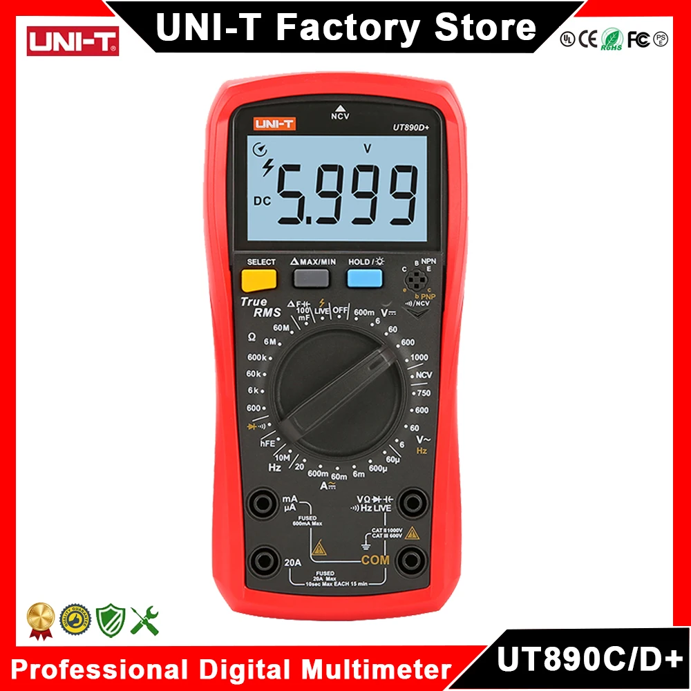 UNI-T 전문 디지털 AC DC 전류계 전압계, 주파수 저항 커패시턴스, 멀티 계량기, UT890C, UT890D 플러스