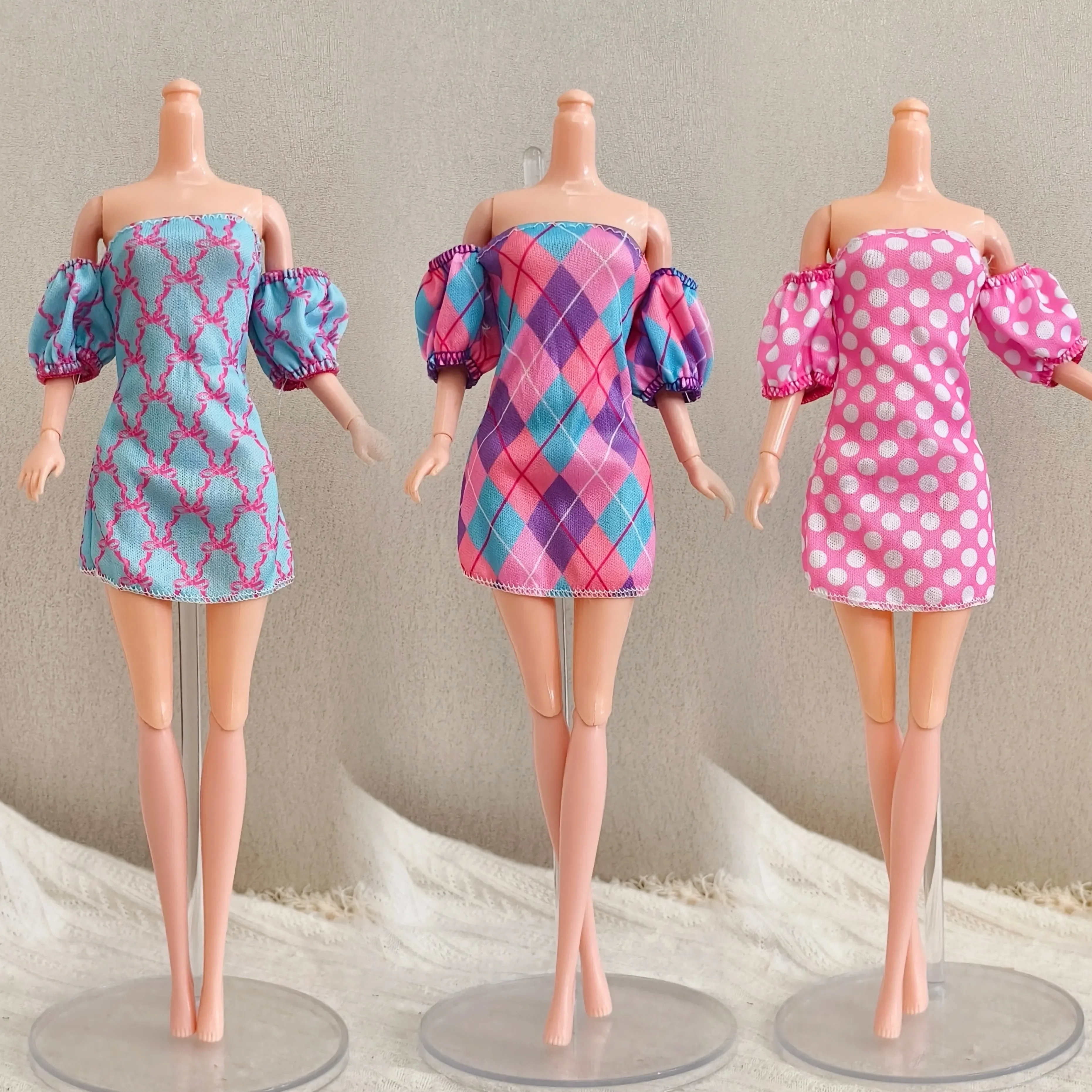 Retro Diamond Pattern Off Shoulder Bubble Sleeve Dress For 1/6 FR Babi Supermodel Doll Fashion Dress Up Clothes