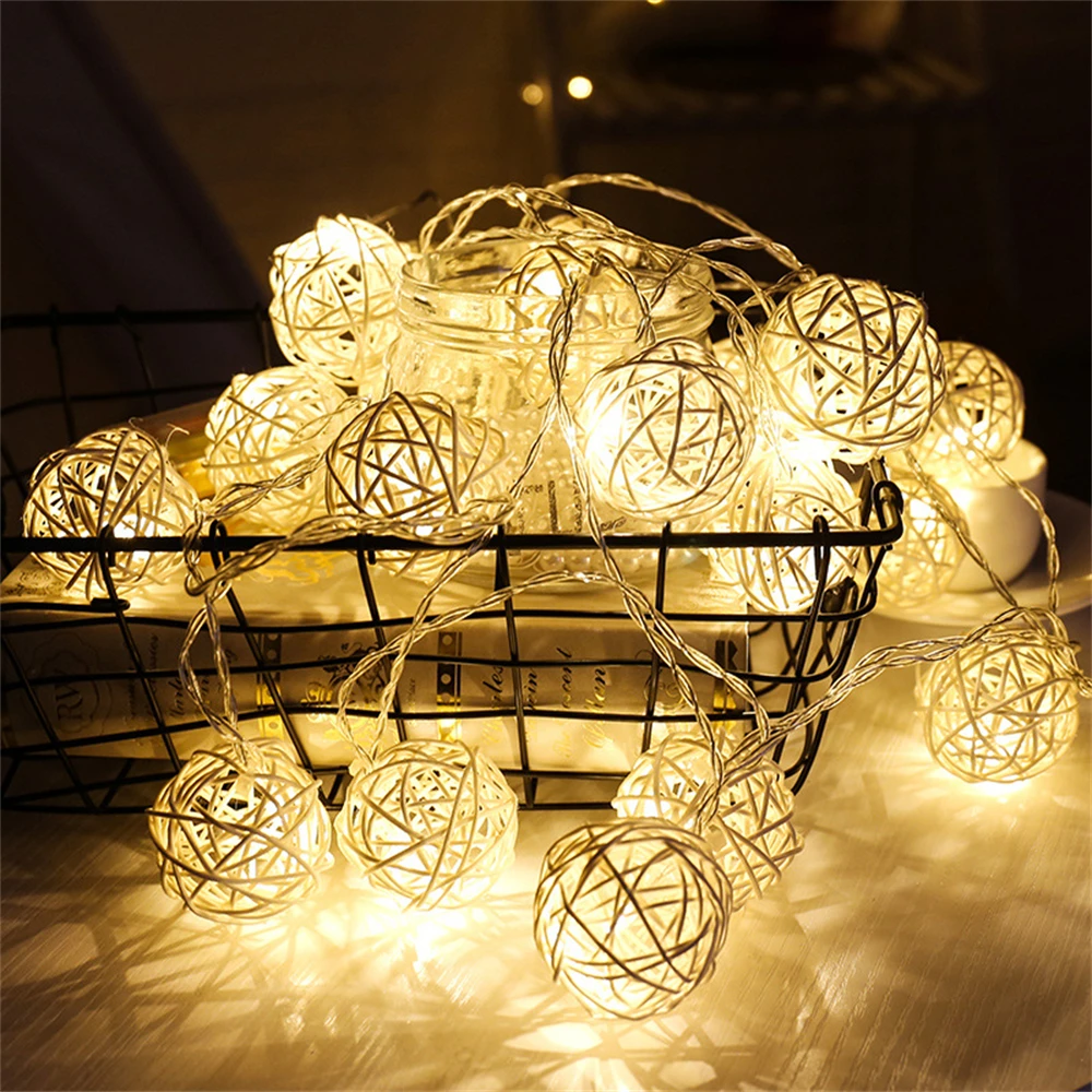 10/20/40Leds ลูกบอลหวาย String ไฟแบตเตอรี่ดำเนินการ Cotton Ball Garland สำหรับงานแต่งงาน Christmas Party ตกแต่ง Patio