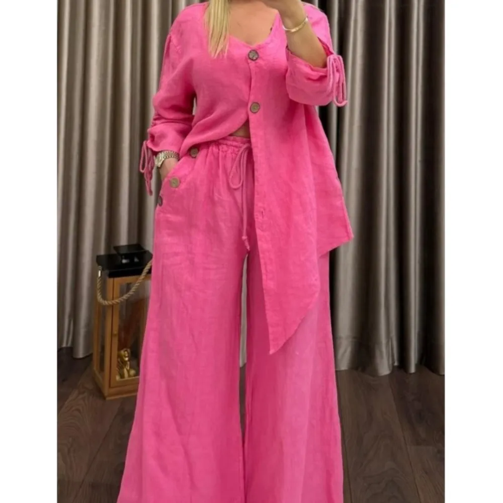 

Fashion Cotton Linen Irregular Button Shirt Set Women Autumn Casual Loose Retro V Neck Cardigan + Wide-leg Long Pants 2piece Set