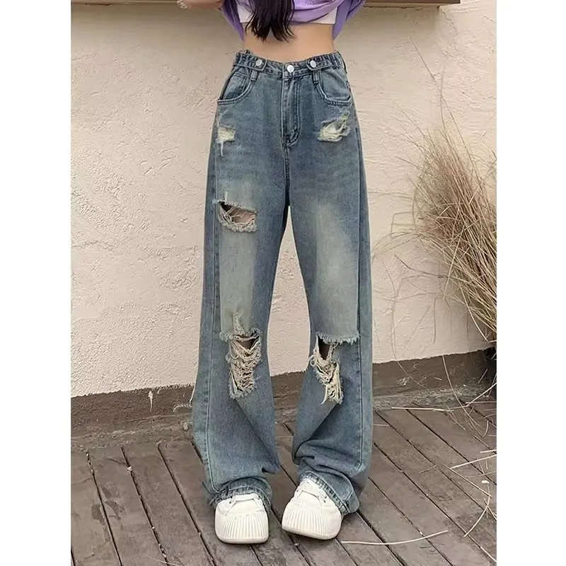 Jeans stile Y2K nuovi Jeans larghi di nicchia da donna pantaloni dritti a vita alta blu pantaloni strappati retrò