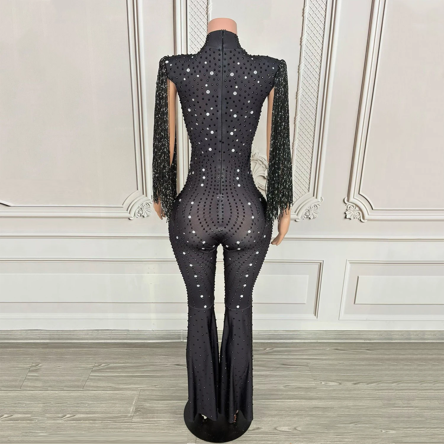 Czarny kombinezon z długimi frędzlami z dżetów, strój do klubu nocnego, dla DJ-a, do tańca na rurze, odzież damska do tańca jazzowego, strój na festiwal, odzież rave, XS10748