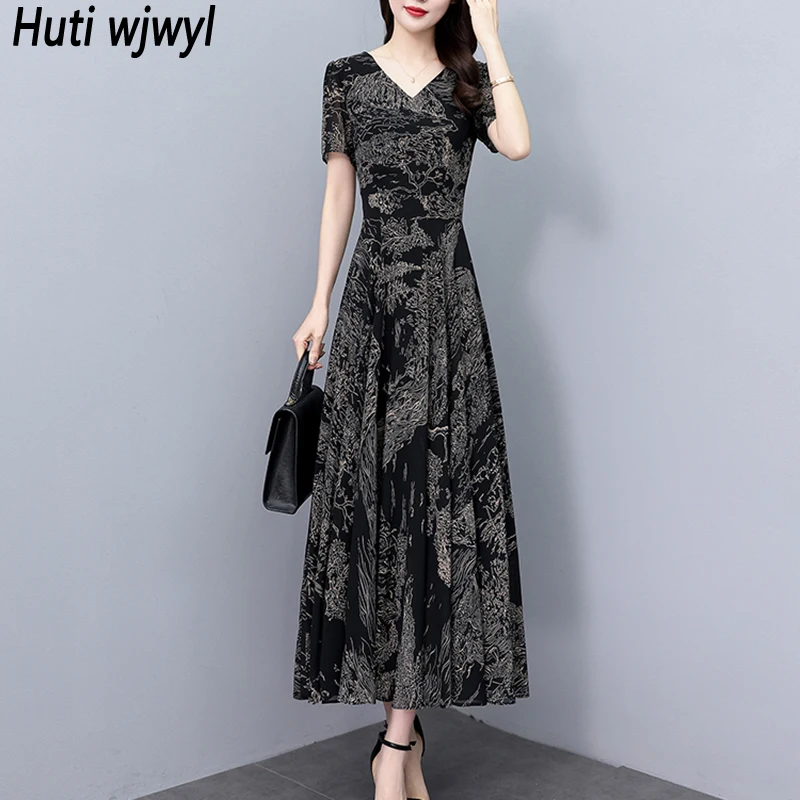 2023 sommer Neue Casual Floral Chiffon Kleid für Frauen Elegante Schwarz Vintage Kleider Bodycon Chic Prom Party Nacht Lange Vestidoss