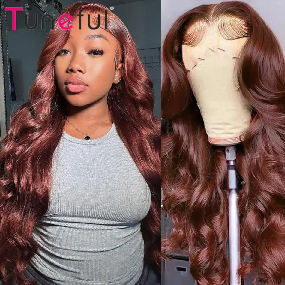 33# Reddish Brown 13x4 Body Wave Human Hair Lace Front Wigs Brazilian 180% Density Auburn Pre Pucked HD Lace Frontal Wigs