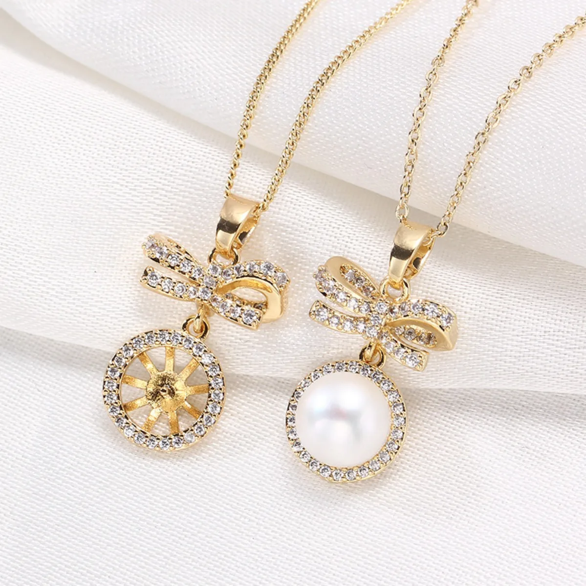 Brass 14K Gold Plated Bowknot Zircon Pendant Base, Delicate Blank Setting For DIY Pearl Necklace Making