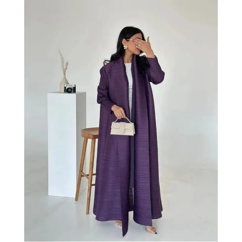 KAF Women Large Size Trench 2025 Spring Autumn New Solid Color Retro Lapel Long-sleeved Lace-up Design Luxury Female Abaya