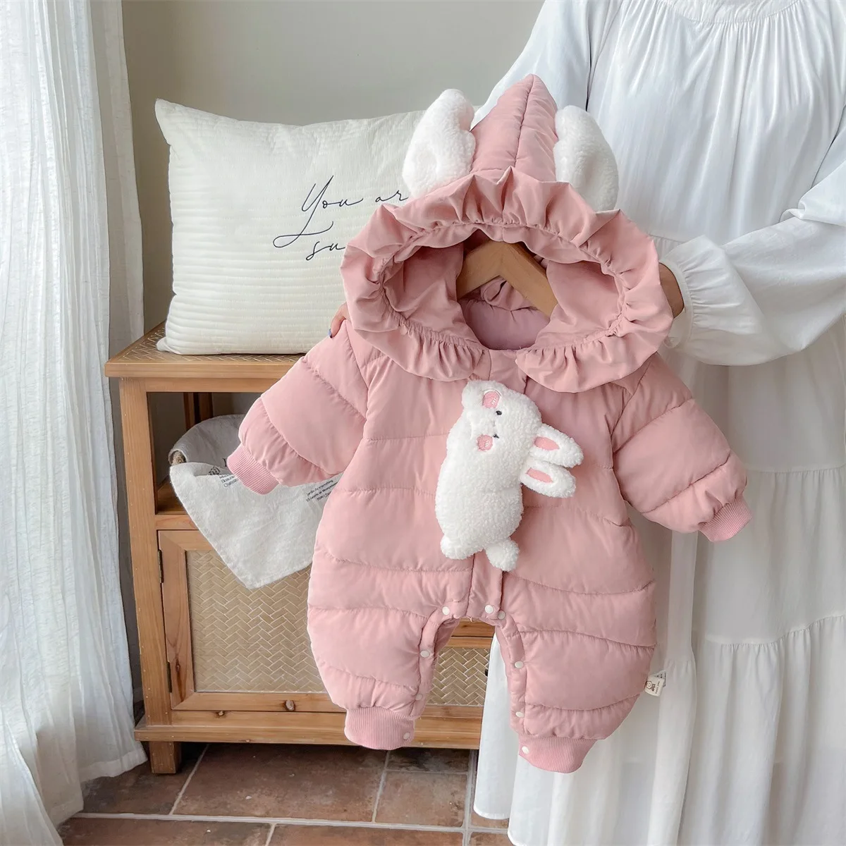 Cute Ears Hooded Overalls Baby Girl Romper Jumpsuit Winter Thick Warm Onesie Cartoon Bodysuit Soft Kids Clothes