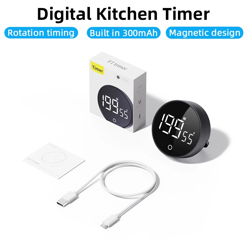 Minuterie de cuisine magnétique, minuterie numérique LED Rechargeable, compte à rebours manuel à 3 niveaux, minuterie rotative pour la cuisine, l'étude et la douche