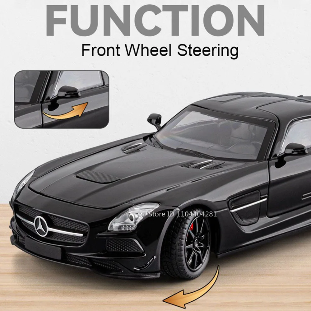 1:24 SLS Vision GT Diecast Alloy Model Miniature Car Toys Sound Light Pull Back Doors Opened Sports Cars Collectibles Child Gift