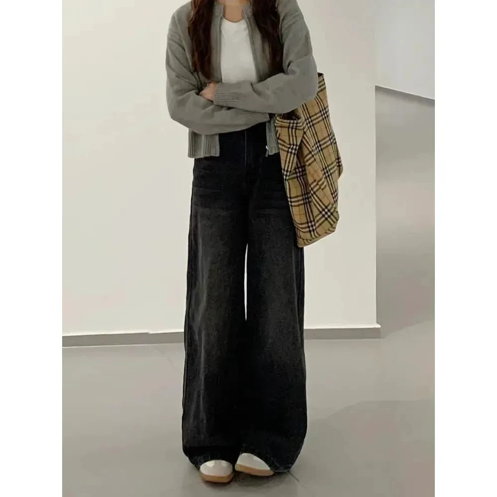 Y2k جينز نسائي جينز أسود مغسول بأرجل واسعة وخصر عالي فضفاض مناسب للشتاء وصل حديثًا بنطلون تنحيف ثنى مستقيم طويل