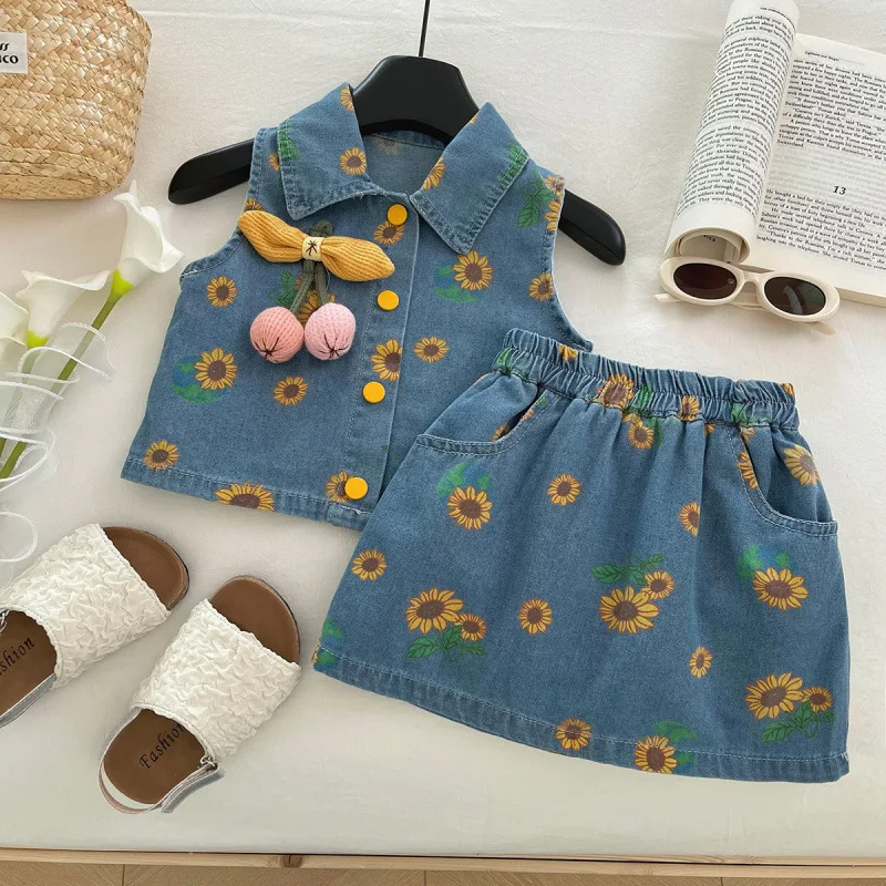 

Children's Outfit Skirt New Summer Girls Casual Thin Fashionable Stylish Denim Print Refreshing Two-Piece Set