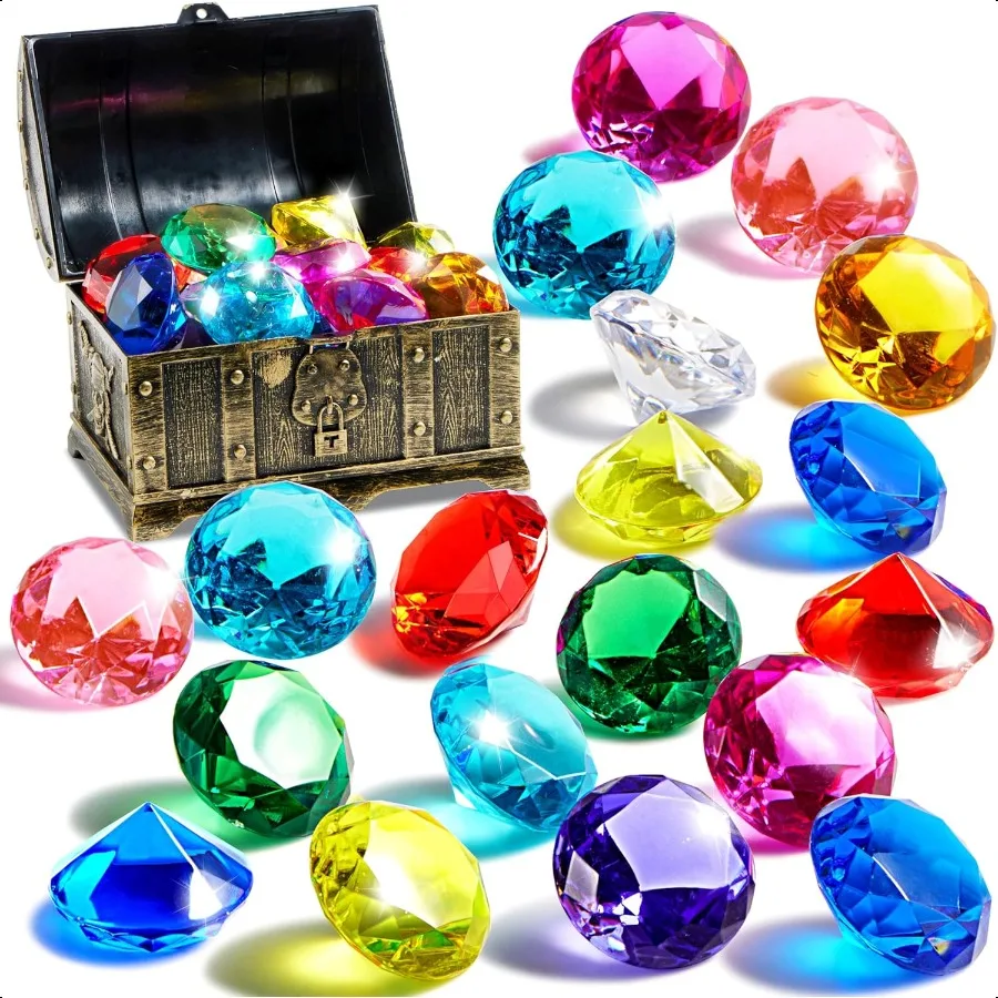 

Sloosh Diving Gems Pool Toys 16 Big Colorful Diamond with Pirate Treasure Chest Swim Dive Toy for Underwater Gemstone Swimming