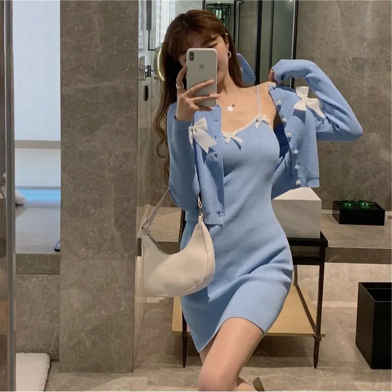 Women's Two Piece Set Crochet Knit Dress Kawaii Blue Bow Tie Female Outfits New in Matching Sets Elegant Casual Korea Stylish