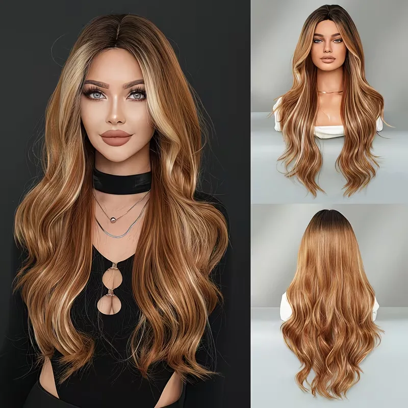 Yellow gradient highlights, middle-parted, large wavy long curly hair Caramel Gold Fluffy Water Wave Full Wig with Rose Net