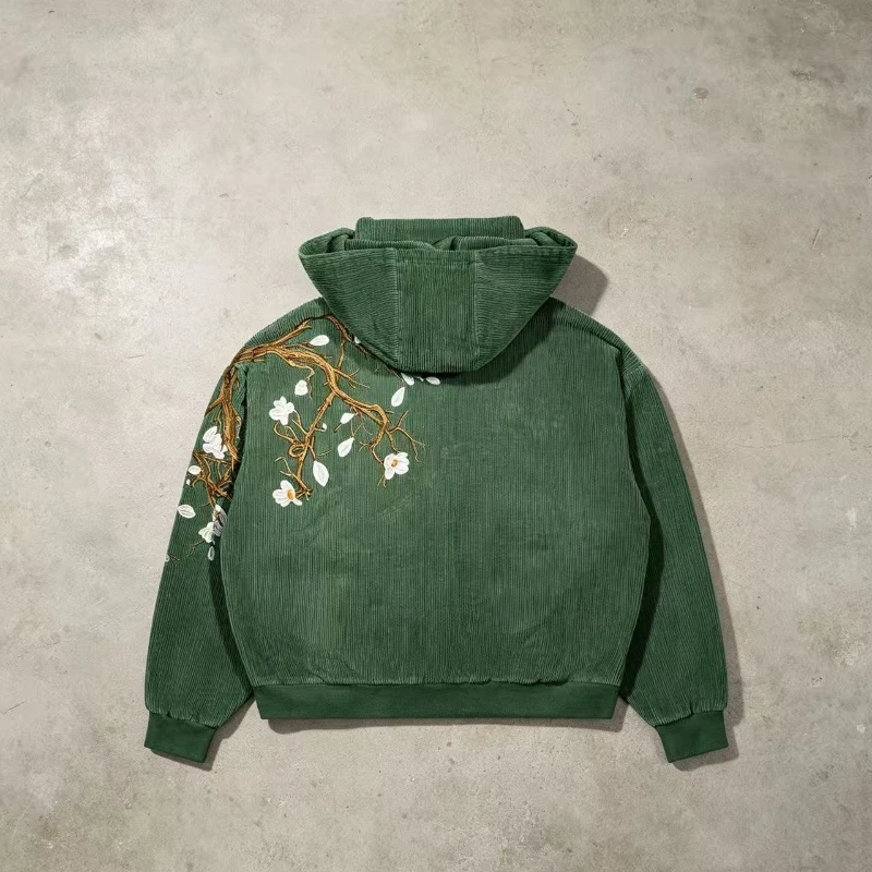 Y2K Harajuku Magnolia Bonsai Hoodie Frog Button Floral Embroidery Corduroy Sweatshirt Retro Casual Streetwear Unisex Boxy Jacket
