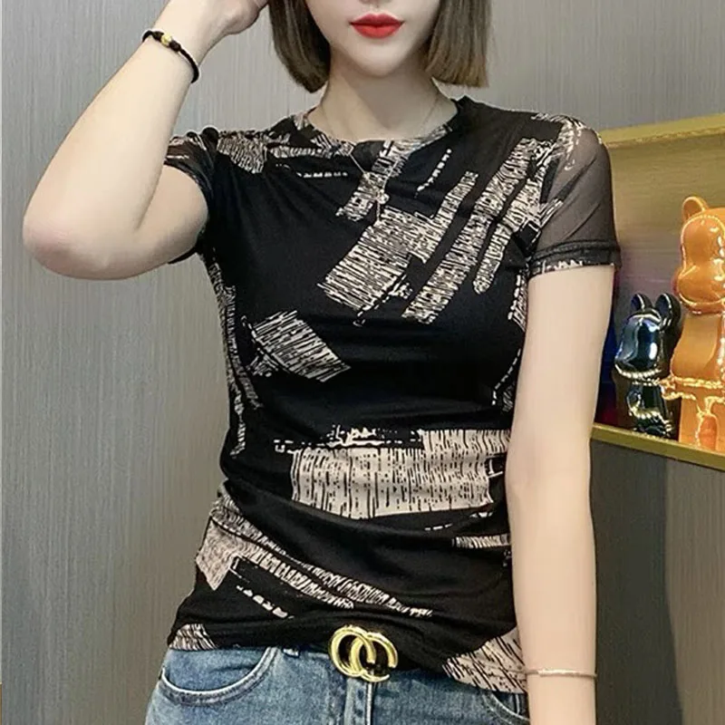 Summer New Large Size Women Vintage Printing Slim Short Sleeved T-shirt Net Yarn Round Neck Office Lady Micro Transparency Tops