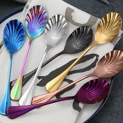 Shell Shape Stainless Steel Spoon with Long Handle Restaurant Dessert Spoon Ice Cream Scoops Kitchen Accessories Tiny Spoon
