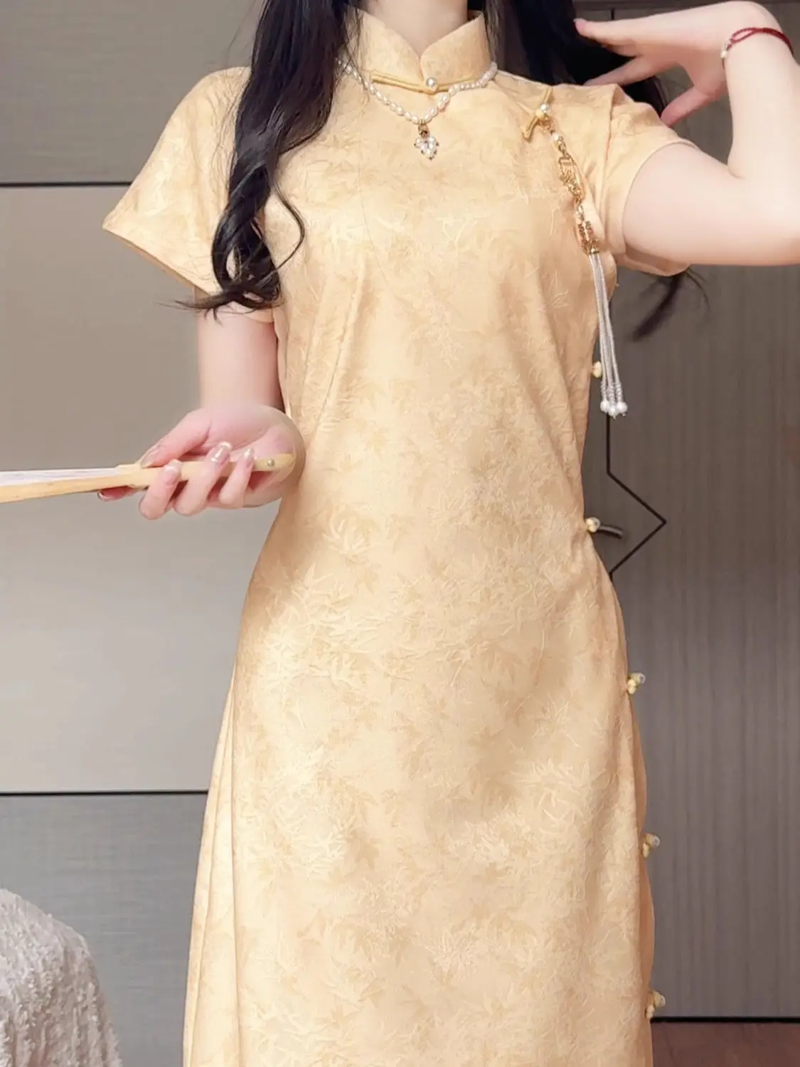 

Лето 2021, новое винтажное желтое улучшенное платье Cheongsam Vestidos в стиле ретро, новое повседневное длинное платье Ципао в китайском стиле
