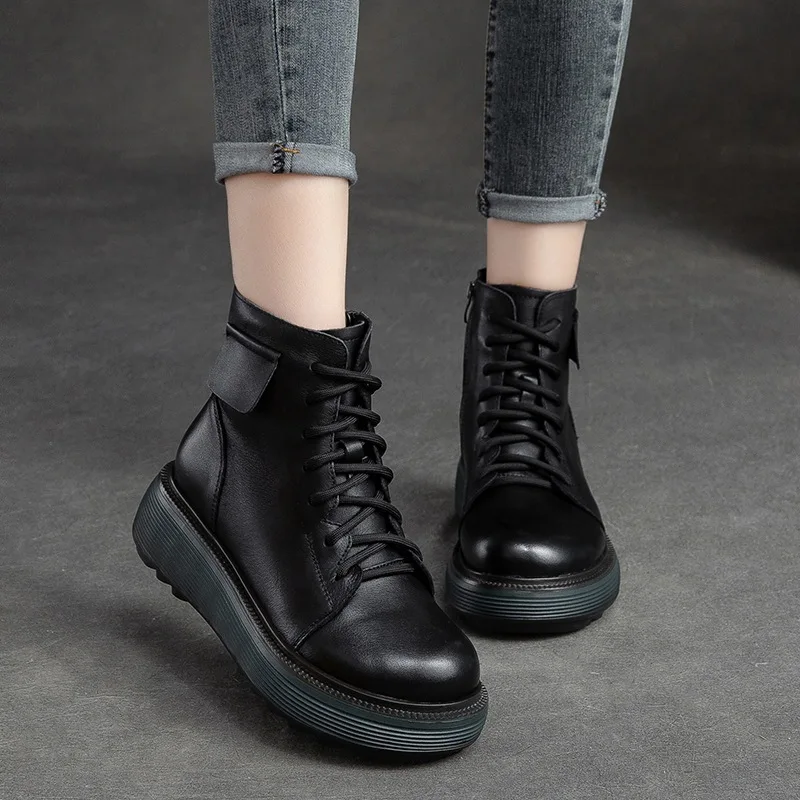 Koznoy 6cm Retro mokasyny wysokiej marki moda bydlęca prawdziwa skóra botki platforma sznurowane damskie buty wiosenne jesienne mieszkania