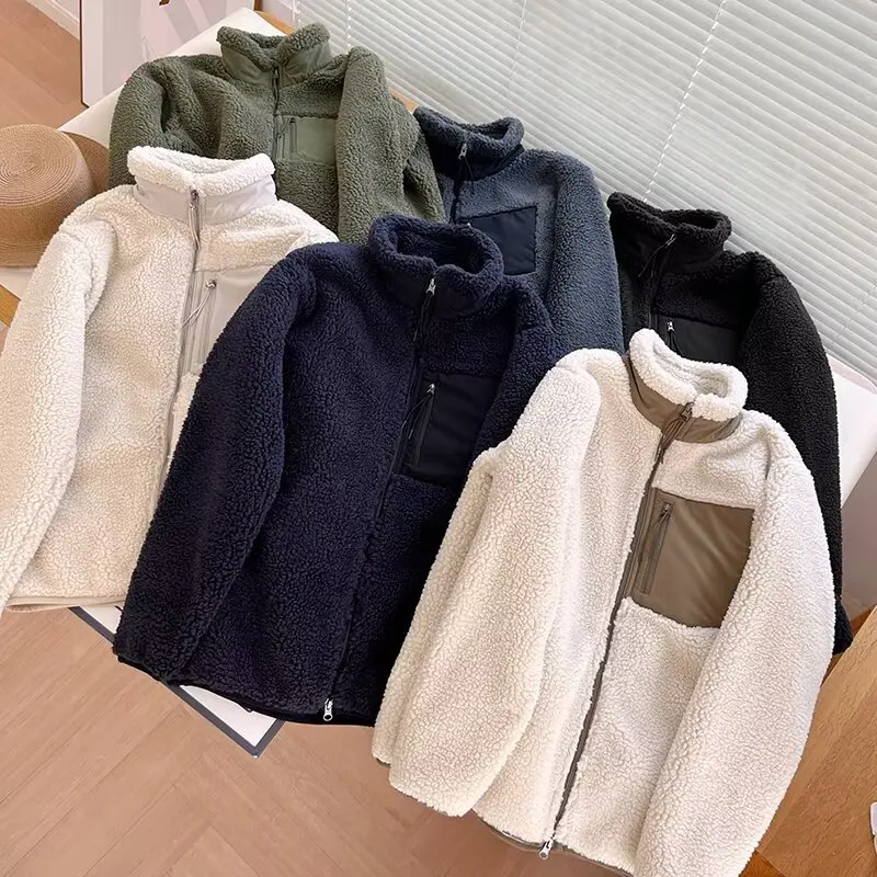 Classique retour ex col montant coupe-vent chaud Fce fourrure d'agneau Jaet manteau décontracté coupe ample universel longue fermeture éclair