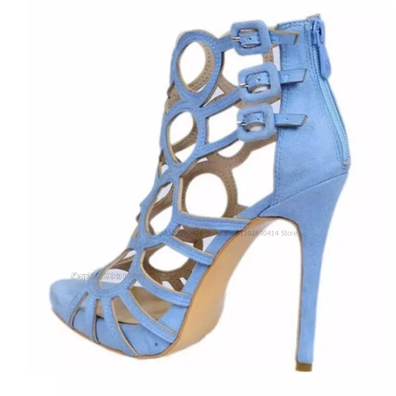 صنادل أزرق مفتوحة من الأمام بتصميم مجوف من Abrazine بسحاب خلفي أحذية نسائية بكعب عالي موضة مثيرة 2023 Zapatos Para Mujere