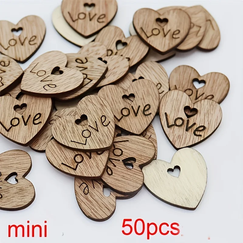 50pcs Creative Brown Hollow-Out Wooden LOVE Heart-Shaped Cutouts, Handmade DIY Craft Wood Wedding Decor Wood Slices