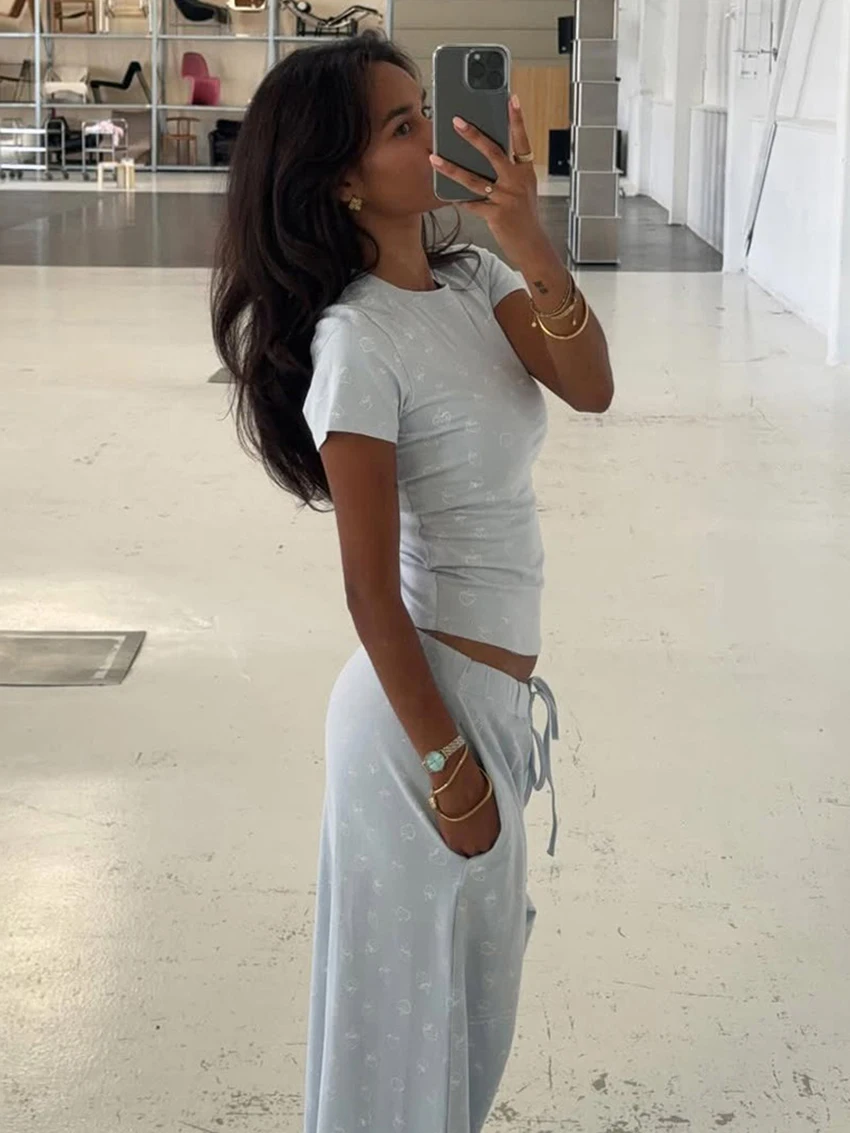 Marthaqiqi Printing Women Pajamas Set Short Sleeve Sleepwear Sexy Corp Top Nightie O-Neck Nightgowns Pants Ladies Nightwear Suit