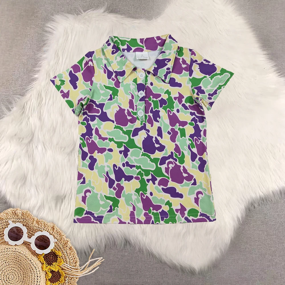 

Baby Boys Mardi Gras Camo Button Polo Shirts Purple Green Yellow Tops Kids Camouflage Clothing for Boys