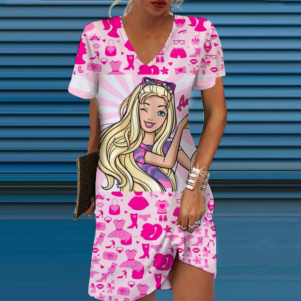 New dress Barbie floral print Short sleeve V neck loose dress for women