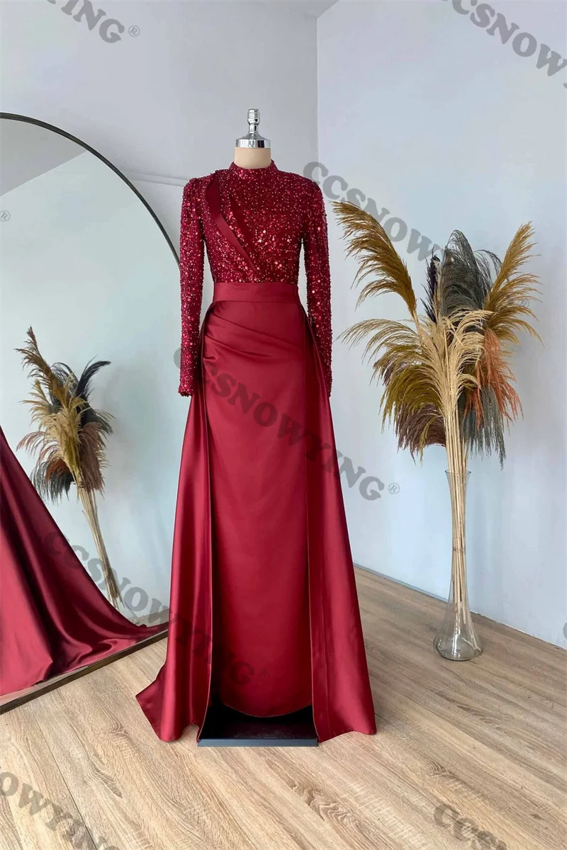 

Burgundy Sequin Beaded Muslim Evening Dresses Islamic Satin Long Sleeve Formal Party Gown Hijab Arabic Dubai Robes De Soirée