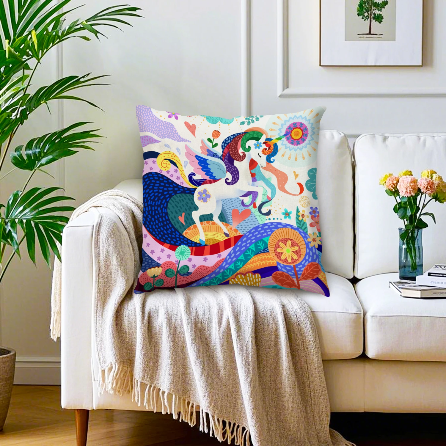 Unicorn Linen Cushion Covers Rainbow Fantansy Pegasus Flower Throw Pillowcase Fairy Tale Animals Home Decor Sofa Couch Bedroom