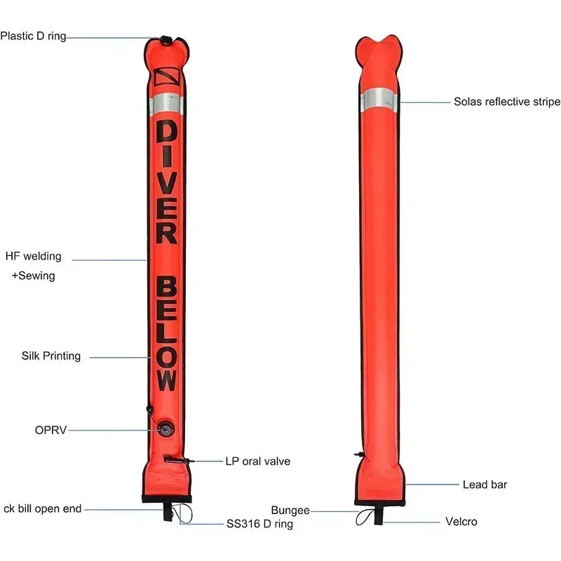 Scuba Surface Marker Buoy (SMB) 4/5ft Hi-Visibilityแถบสะท้อนแสงเปิดด้านล่างความปลอดภัยInflatable Dive Float Buoy Marker Buoy