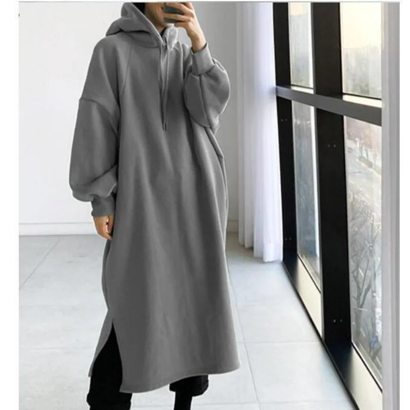 Thicken Autumn Winter Women Oversized Hoodie Long Dress Solid Fashion Long Sleeve Female Clothing Split Casual Loose New Dresses