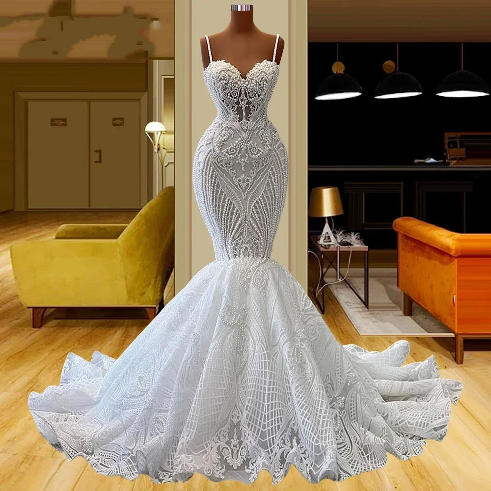 

Luxury Lace Mermaid Wedding Dresses Spaghetti Straps Sweetheart Backless Bridal Gowns Elegant Robe de Mariée 2024 Engagement