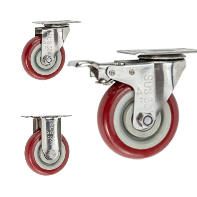 4pcs 2.5inch medium304 stainless steel polyurethane Caster mute no rust silent wheel rigid swivel brake wheelIndustrial casters
