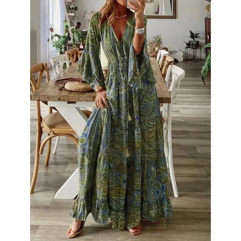 Femme taille S-3XL style bohème manches trompent imprimé col en v taille haute robe de vacances florale longue robe
