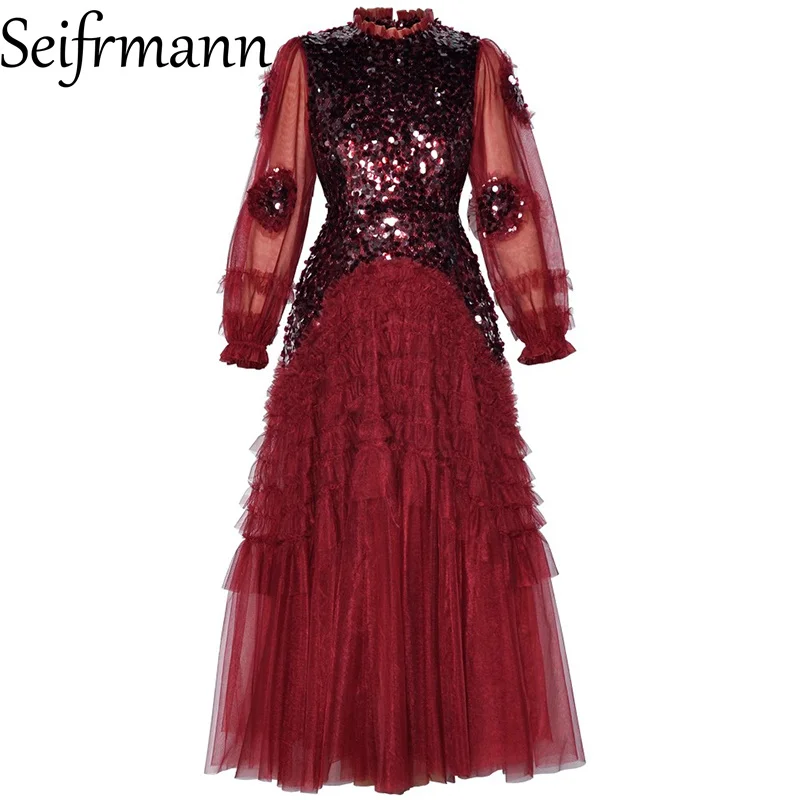 Seifrmann 2026 Spring Women's New Fashionable Round Neck Long Sleeve Glitter Splicing Mesh Waist Cinching Dress - view 2