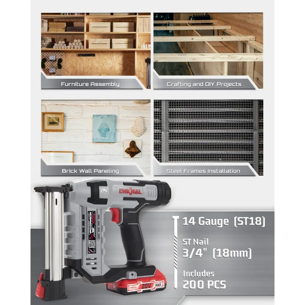 

Cordless T Nailer Battery Powered, 14 Gauge 3/4'' (ST18) Electric Nail Gun, 2×Batteries, Charger and 200 Nails Included