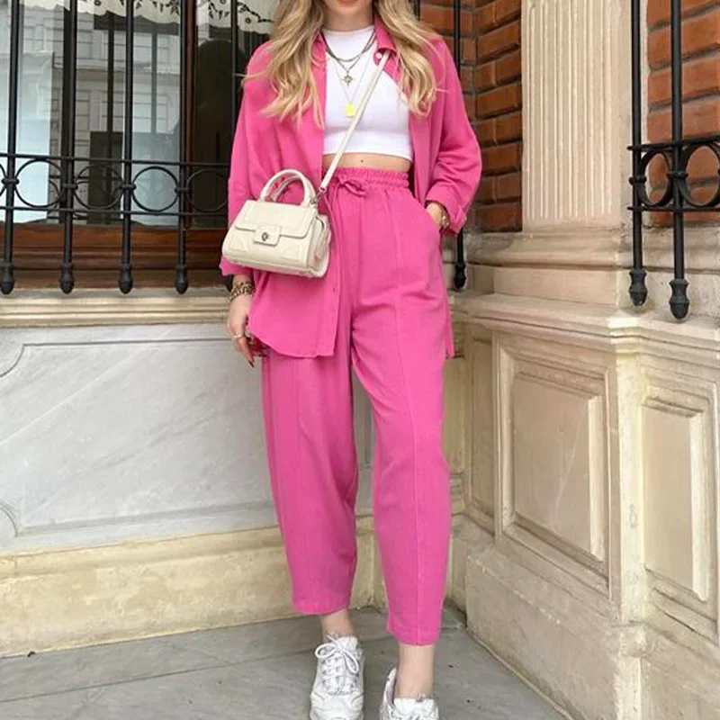

Womens Outfits Elegant Pant Sets Solid Color Long-sleeved Shirt and Casual Lace-up Pants Set Spring 2 Piece Sets Women Clothing